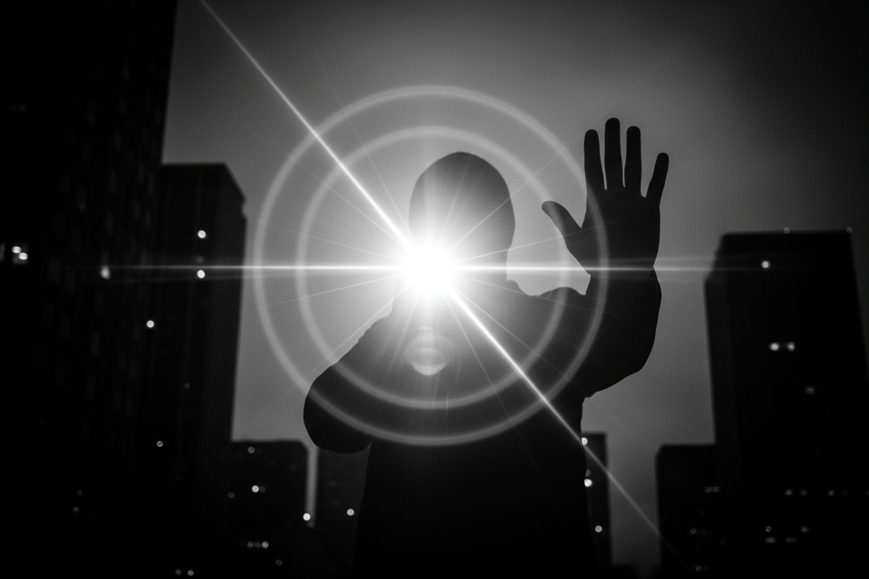 good. make the light flare bigger with lots of lens flare. the person with the flashlight is holding up the other hand towards the camera as if to indicate "stop"